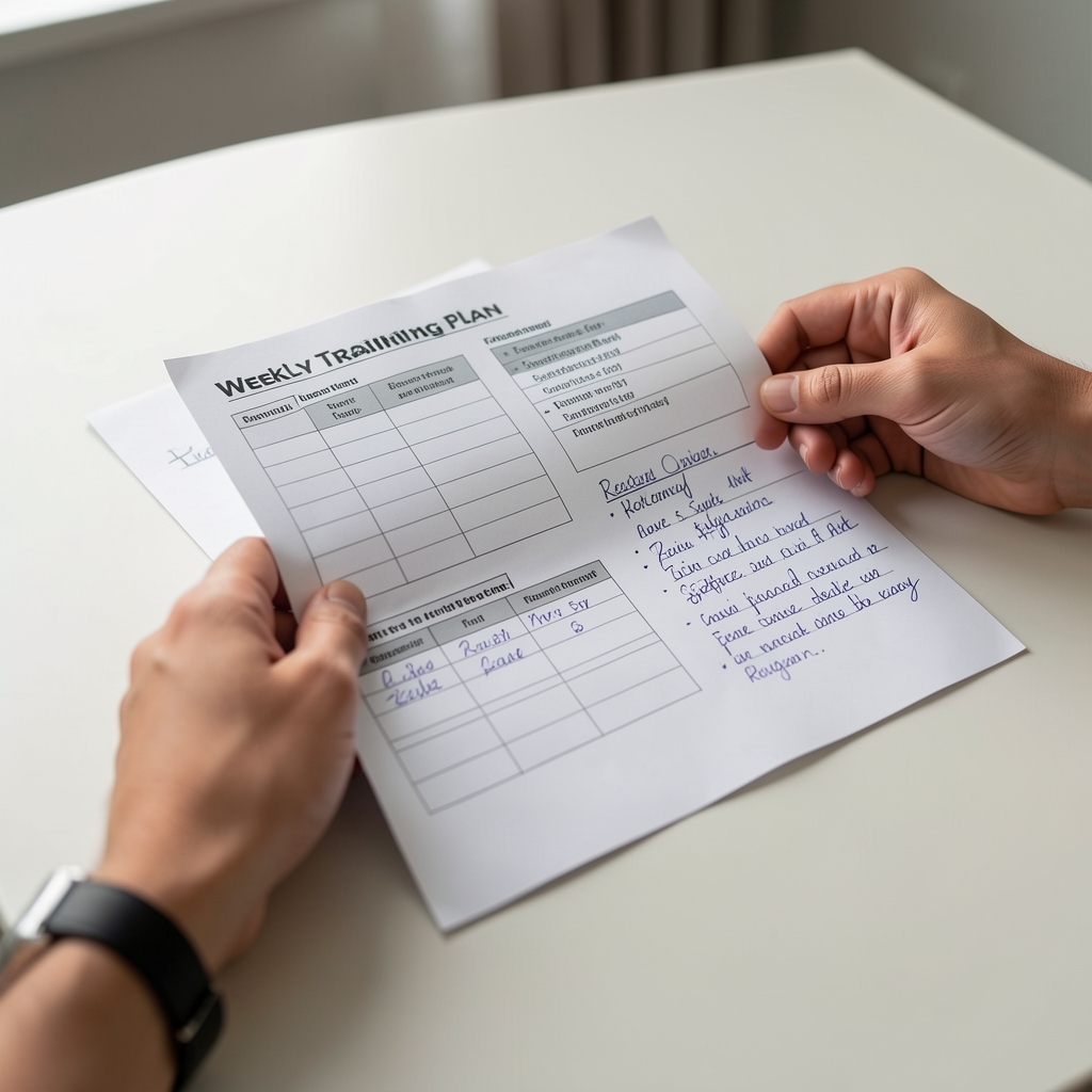 Hands comparing a weekly training plan with handwritten recovery notes on a clean table