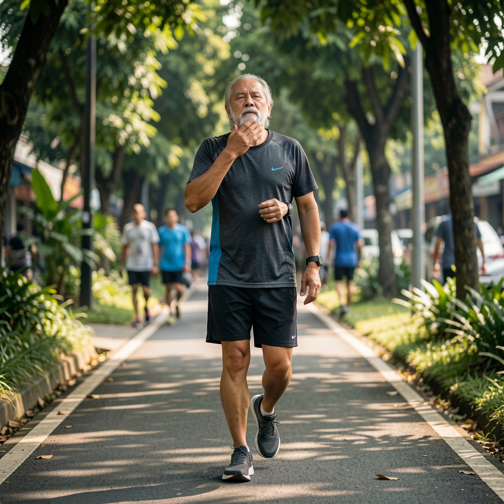 Older recreational athlete walking on a shaded Jakarta path while checking posture and relaxed breathing