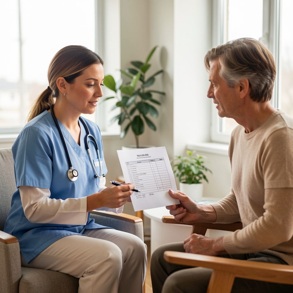 Healthcare professional discussing a printed exercise history with an adult patient in a calm consultation room