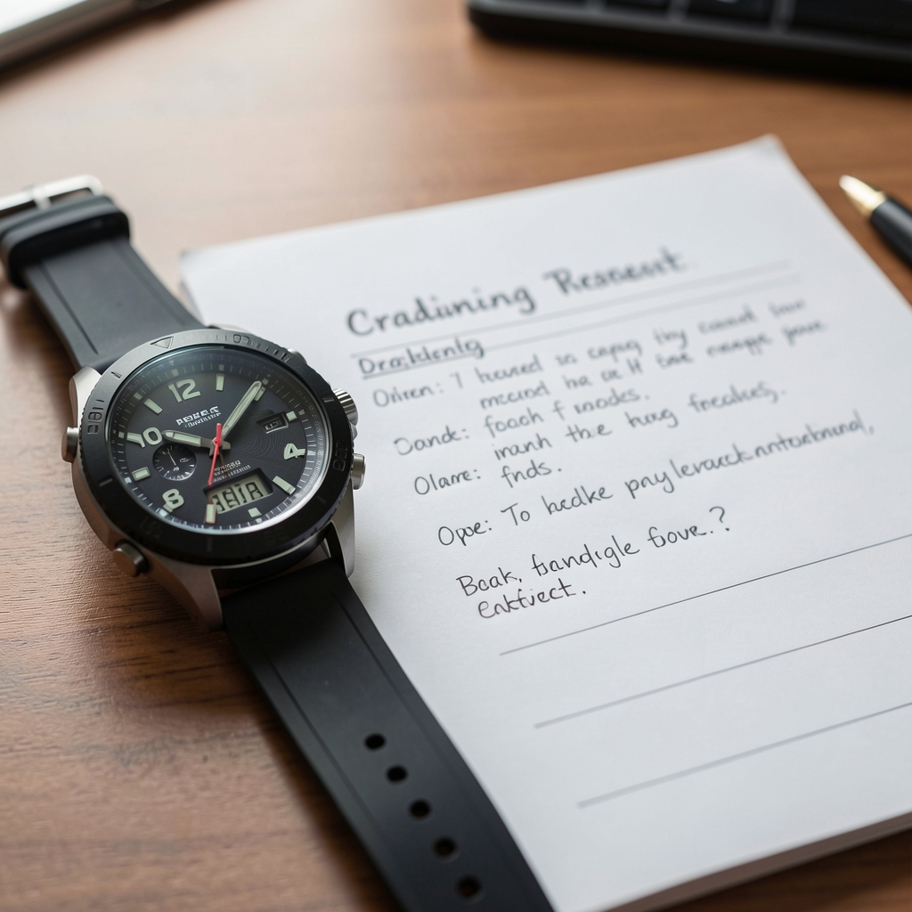 Close-up of a sports watch beside a handwritten training assessment on a desk