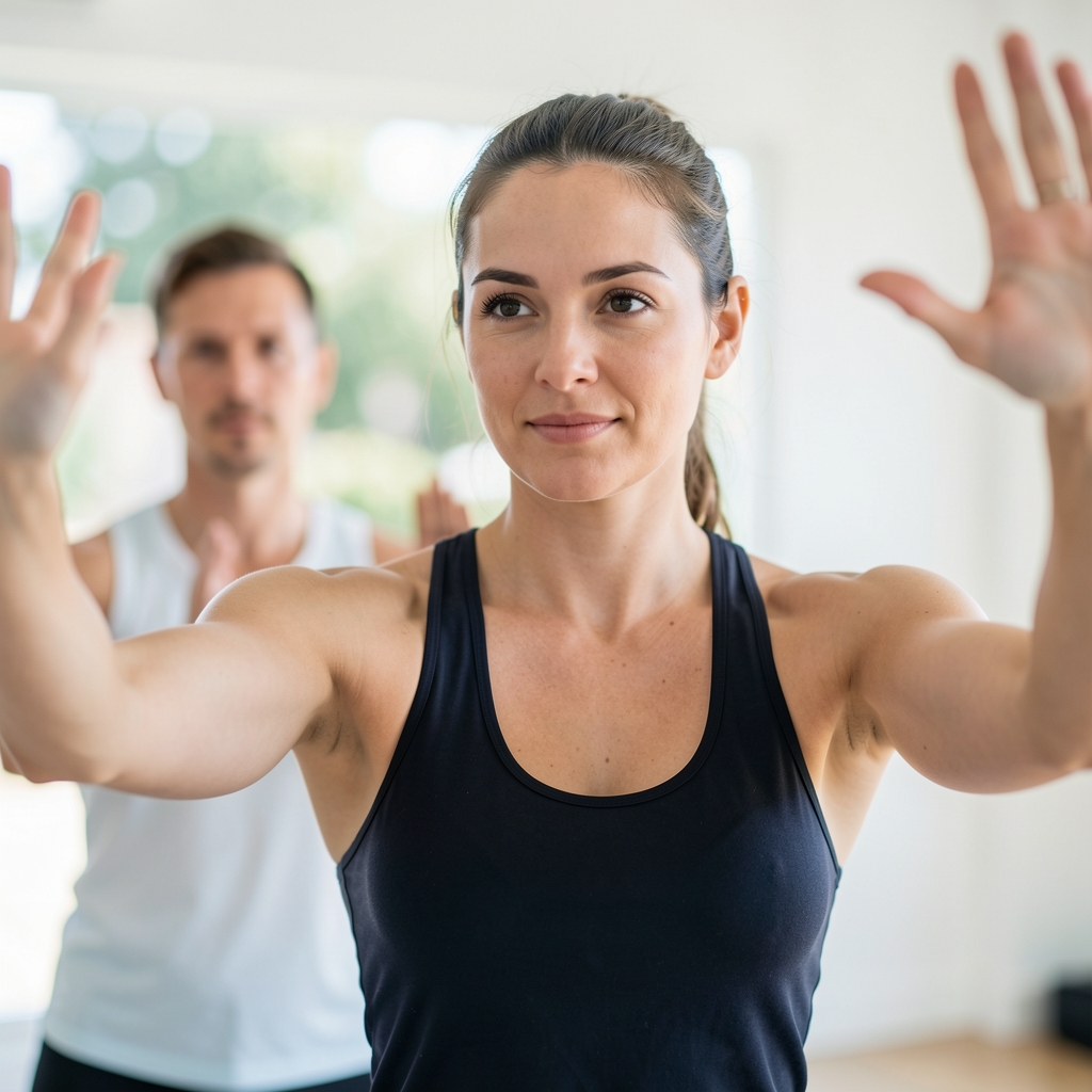 Experienced movement educator demonstrating a balance exercise to an attentive adult participant in a bright studio