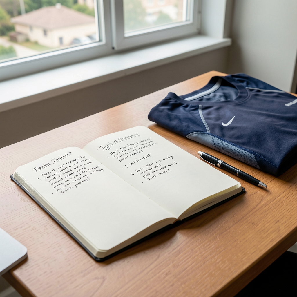 Open notebook with handwritten training questions beside a pen and folded athletic shirt on a desk near a window