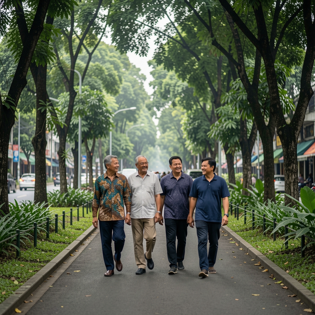 Mature adults walking together along a leafy public path in Jakarta during a calm overcast morning