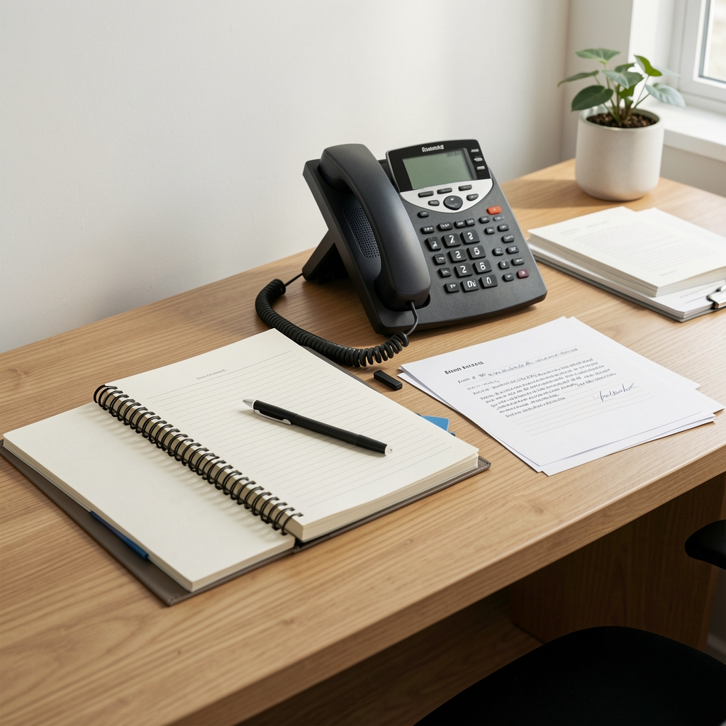 Clean editorial contact desk with notebook, telephone, and printed reader letters in South Jakarta