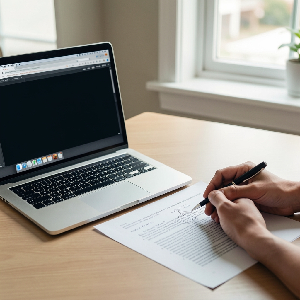 Editor reviewing a reader letter beside a laptop and marked-up article proof