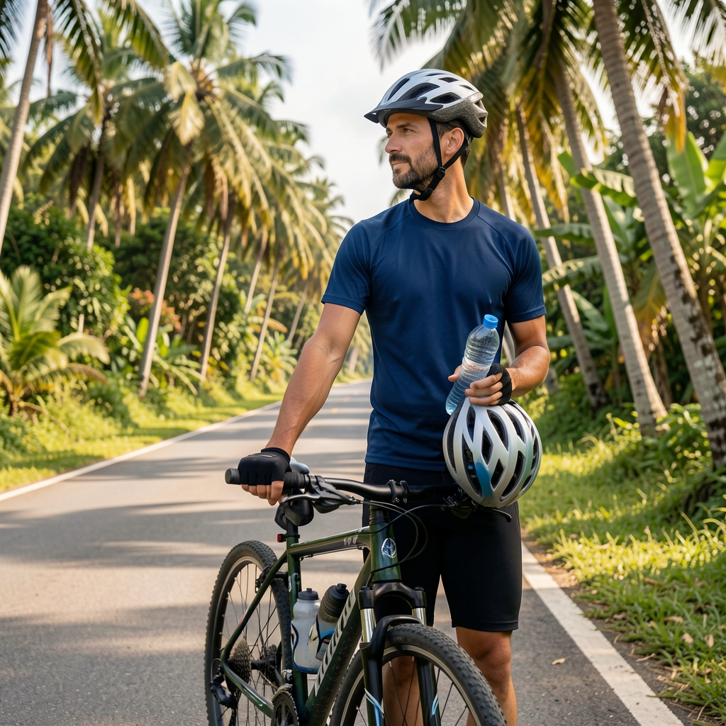 Recreational cyclist pausing beside a quiet road with a water bottle and helmet in tropical weather