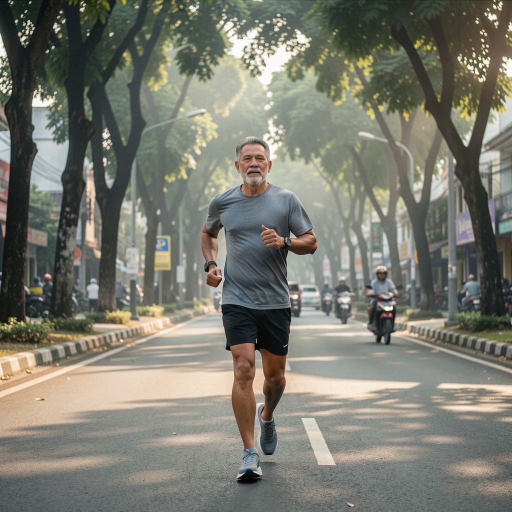 Mature male runner moving at an easy pace along a tree-lined Jakarta street in morning light