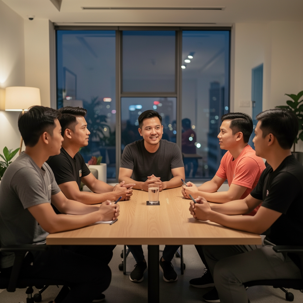 Small group gathered around a table for an evening discussion about endurance and movement in Jakarta