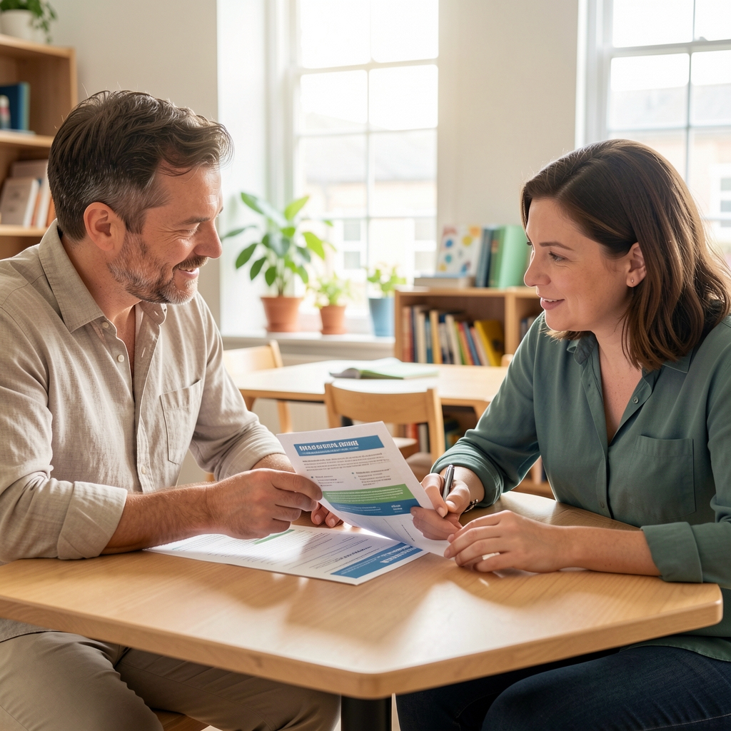 Two adults discussing a printed training article at a bright community table