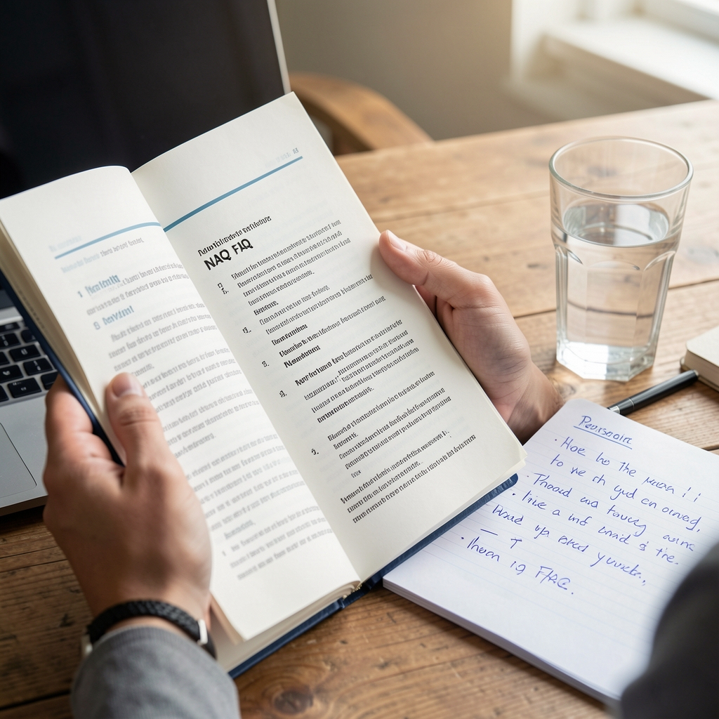 Reader comparing a Navlin FAQ page with personal notes beside a glass of water