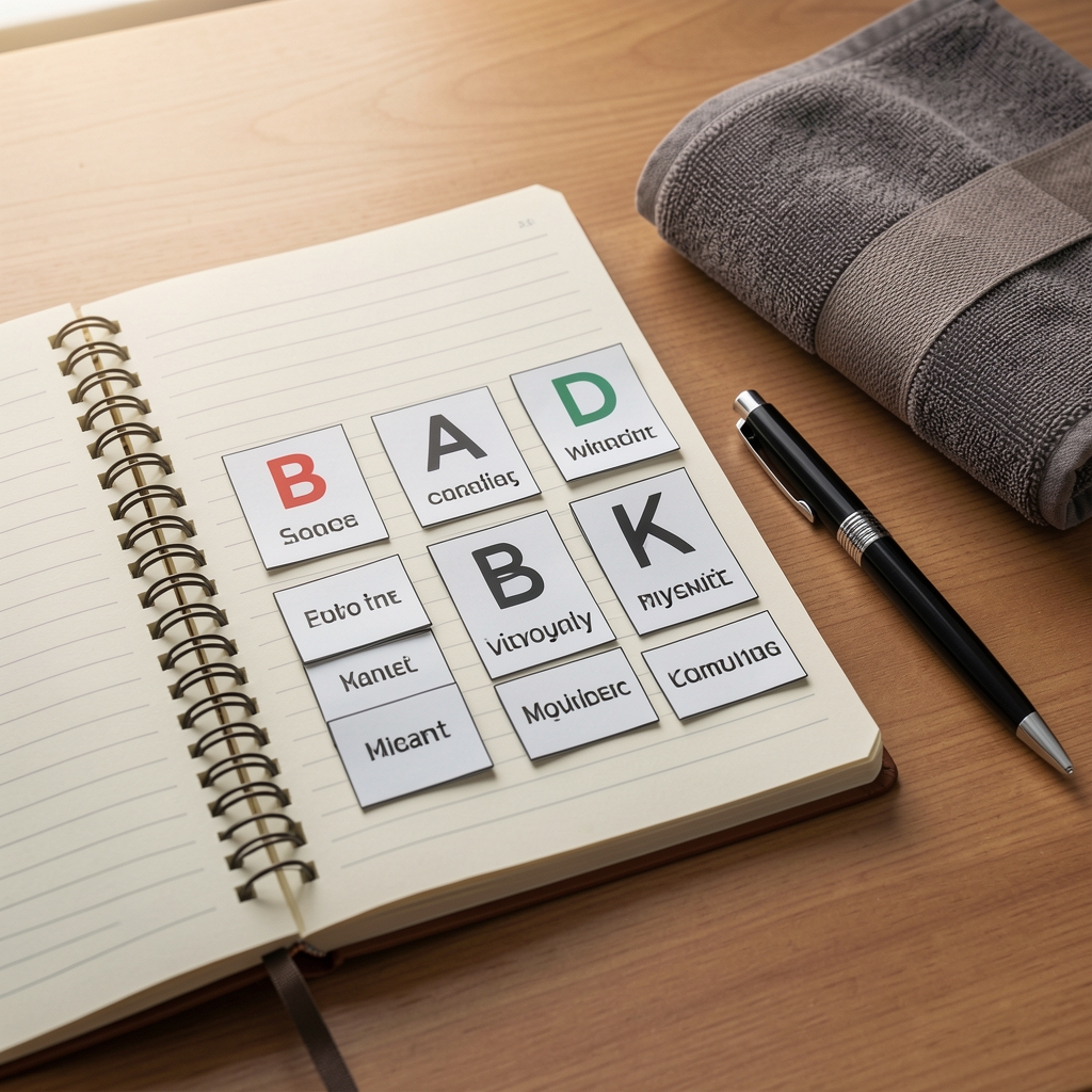 Open notebook displaying movement vocabulary cards beside a pen and a folded training towel