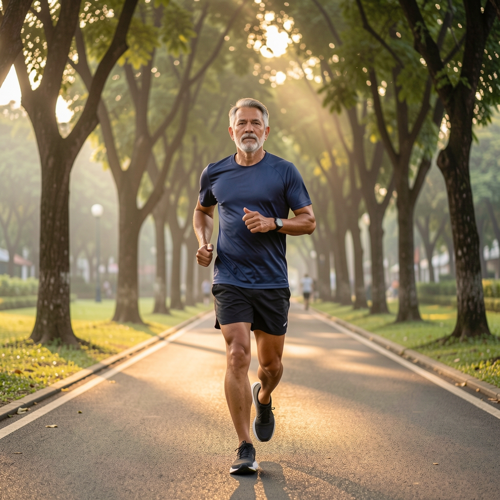 Mature male runner moving along a tree-lined Jakarta park path at dawn with relaxed concentration and balanced posture