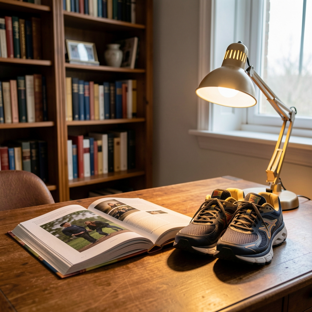 Open editorial journal beside a pair of running shoes and a warm desk lamp in a quiet study