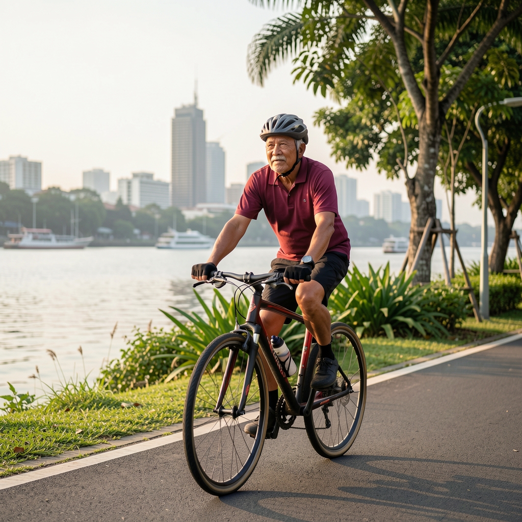 Older male cyclist riding at an easy pace beside Jakarta waterfront greenery in soft morning light