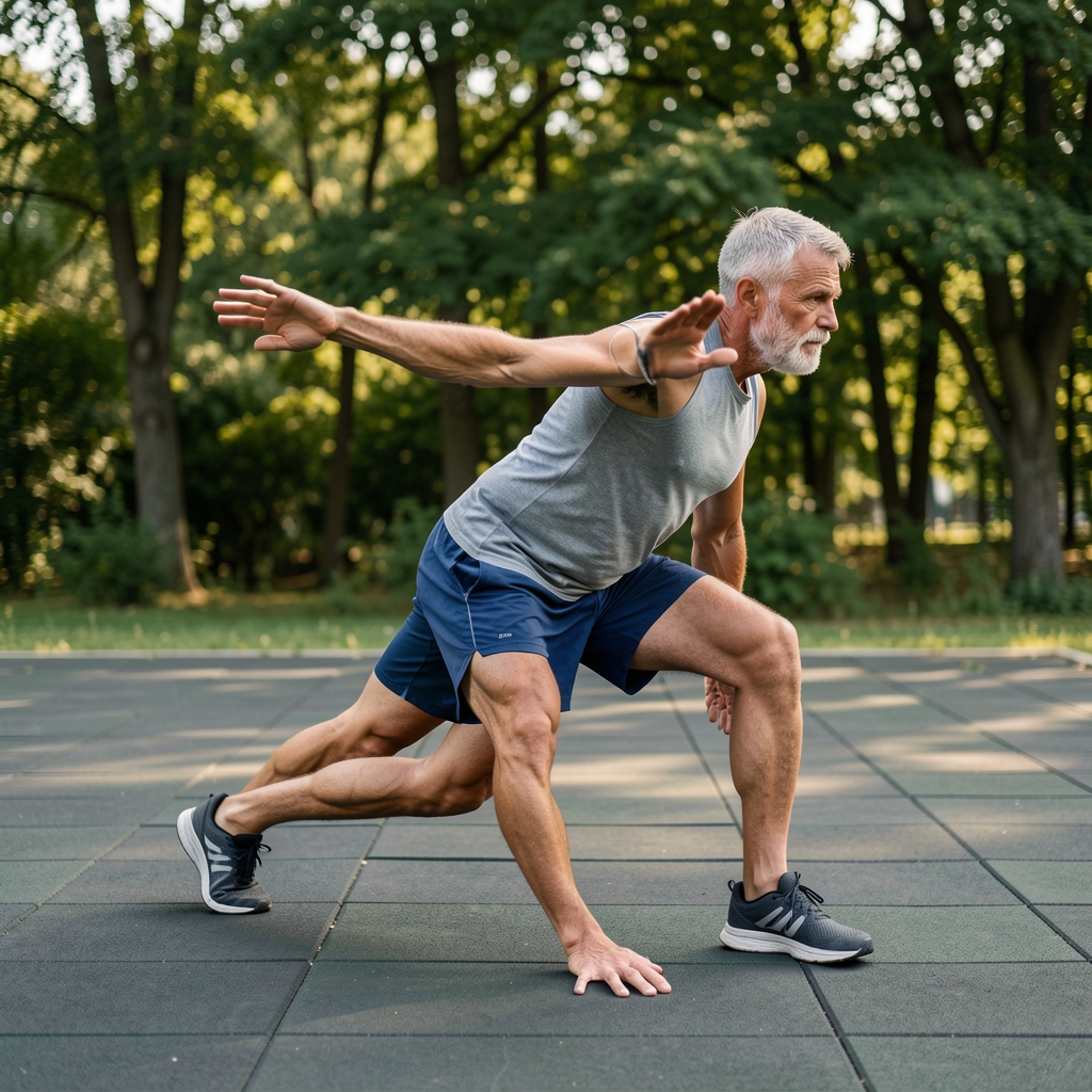 Mature man performing a controlled mobility drill on a quiet outdoor training deck with trees behind him