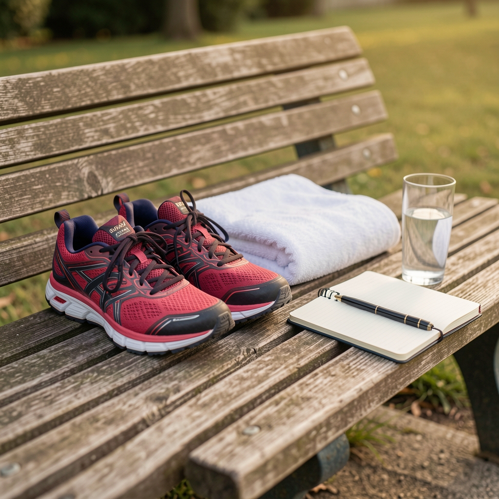 Calm post-training recovery scene with running shoes, folded towel, water glass, and notebook on a wooden bench
