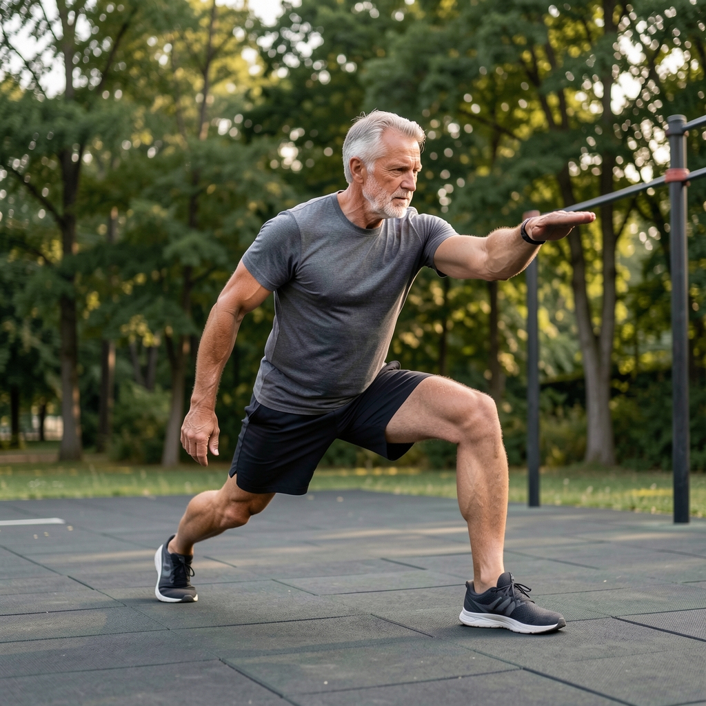 Mature man performing a controlled mobility drill on a quiet outdoor training deck with trees behind him