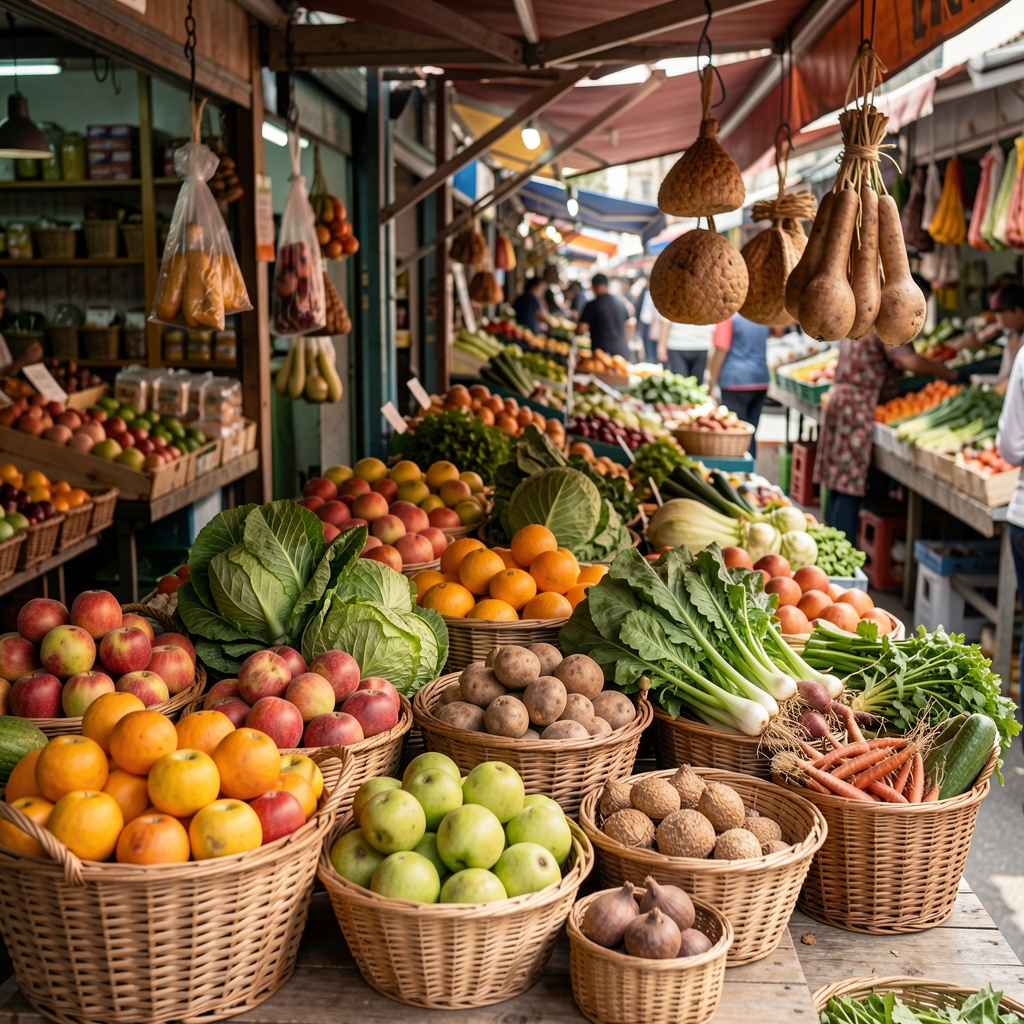 South Jakarta market stall displaying fresh fruit, leafy vegetables, and traditional ingredients in woven baskets