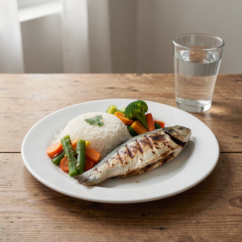 Balanced Indonesian-inspired meal with rice, vegetables, grilled fish, and water on a simple table