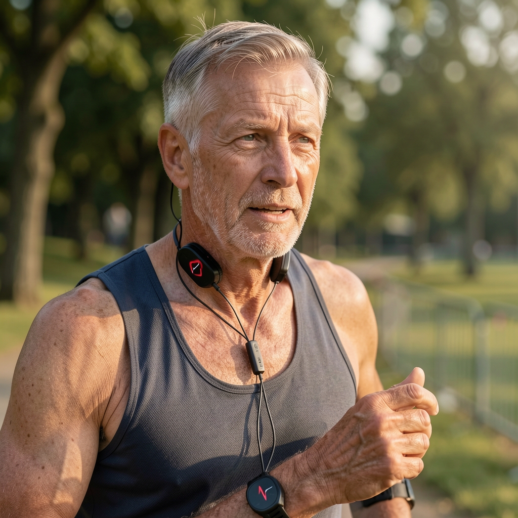 Close view of a mature runner wearing a heart-rate monitor during a controlled outdoor session