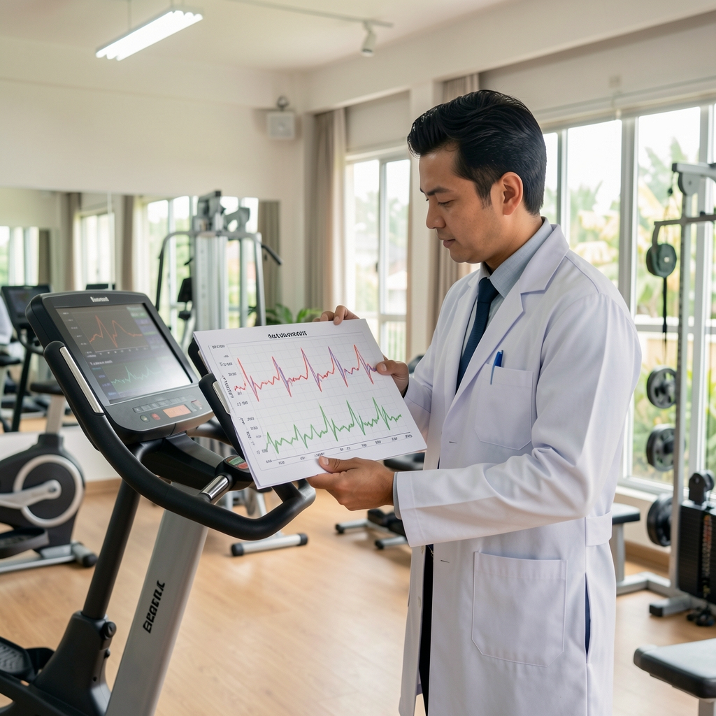 Physiologist reviewing a heart-rate chart beside exercise equipment in a bright Indonesian performance studio