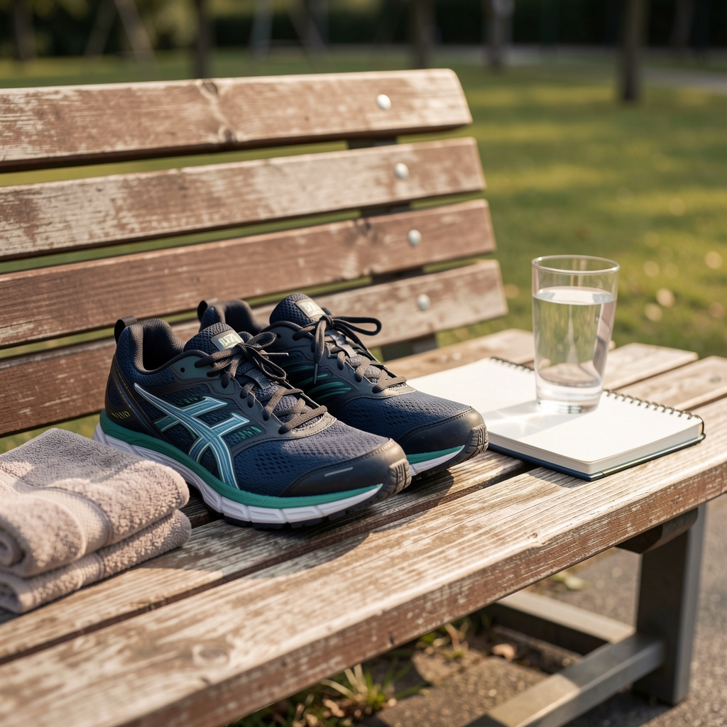 Running shoes, folded towel, water glass, and notebook arranged on a wooden bench after a training session