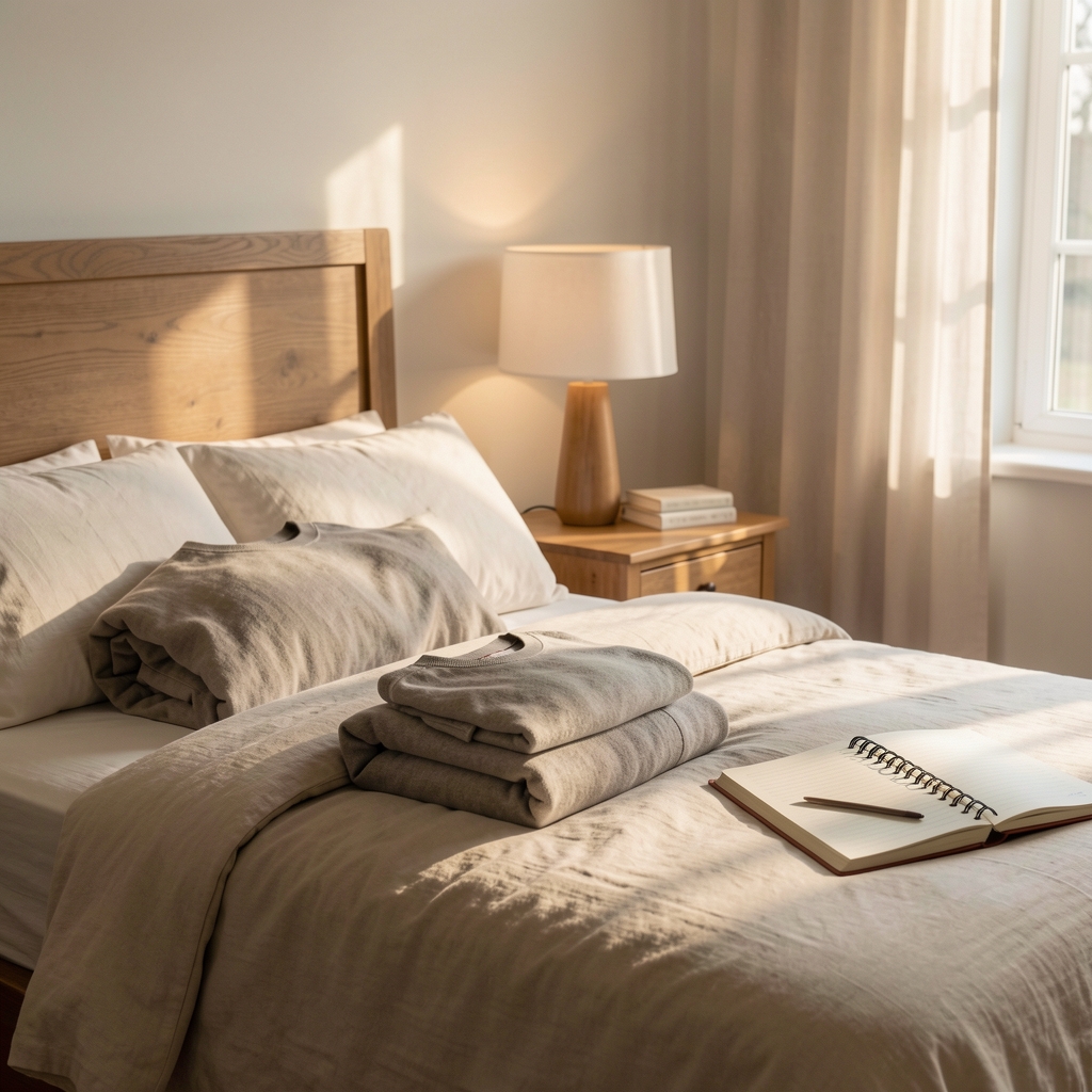 Quiet bedroom with morning light, folded clothing, and a notebook beside a bedside lamp