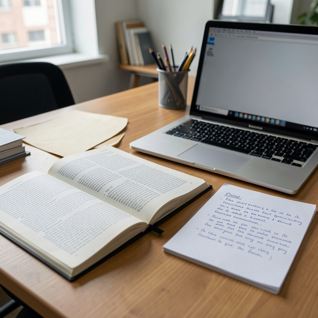 Open research papers and handwritten notes arranged beside a laptop on an editorial desk