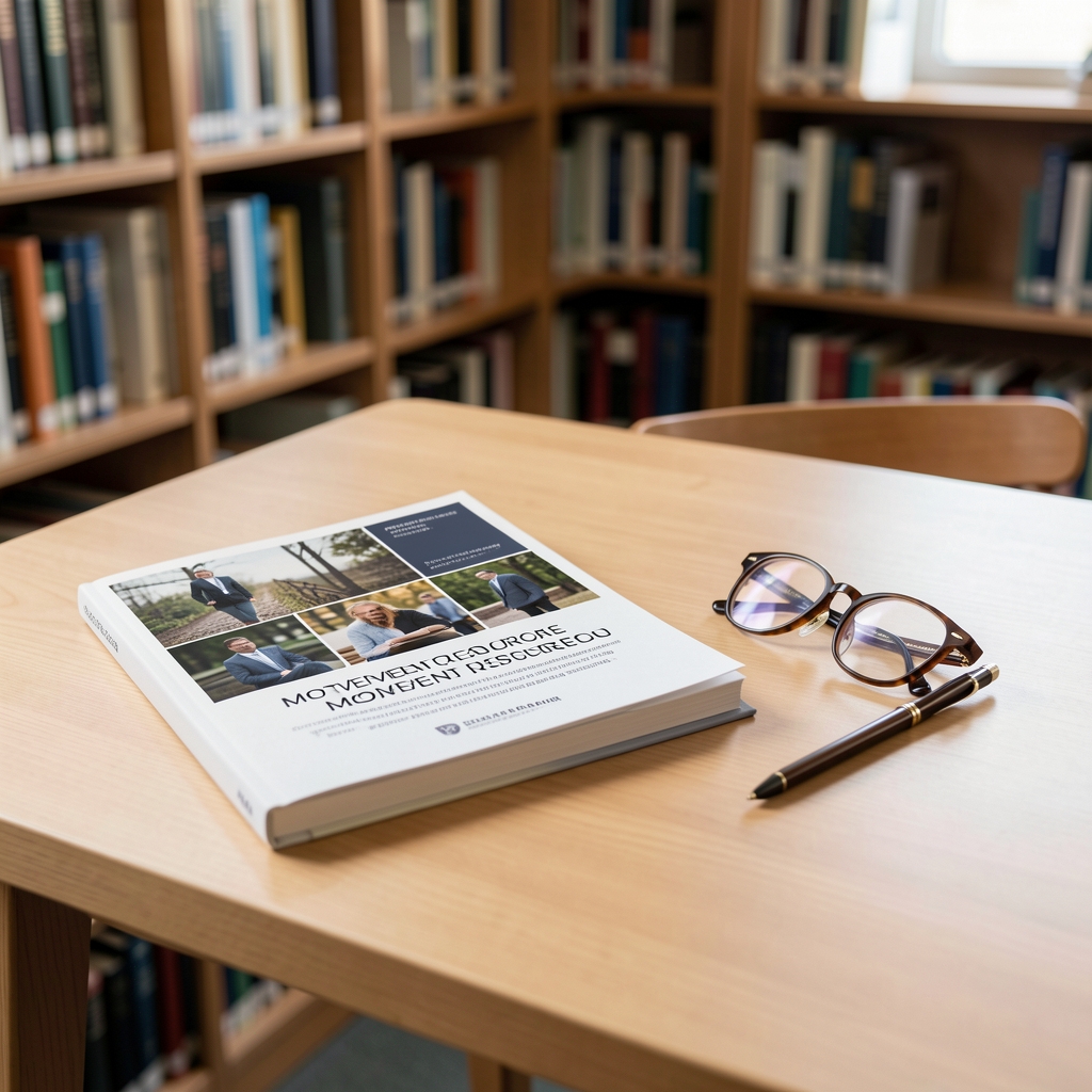 Printed movement resources and a notebook arranged on a clean library table beside reading glasses
