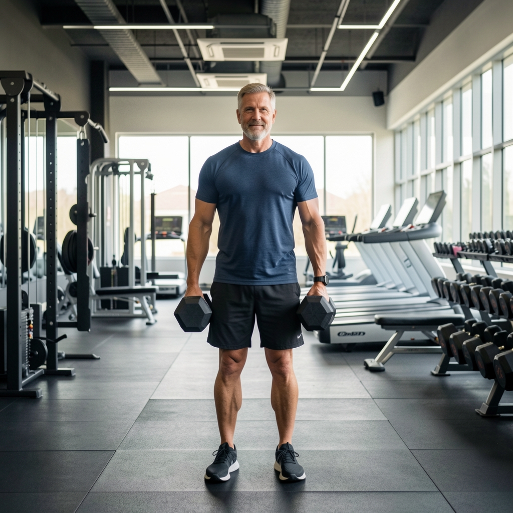 Mature man carrying two moderate dumbbells through a spacious gym while maintaining upright posture