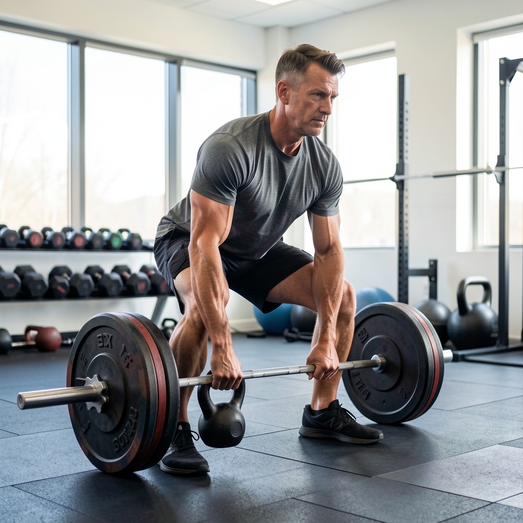 Man over 35 performing a controlled kettlebell deadlift in a bright functional training studio