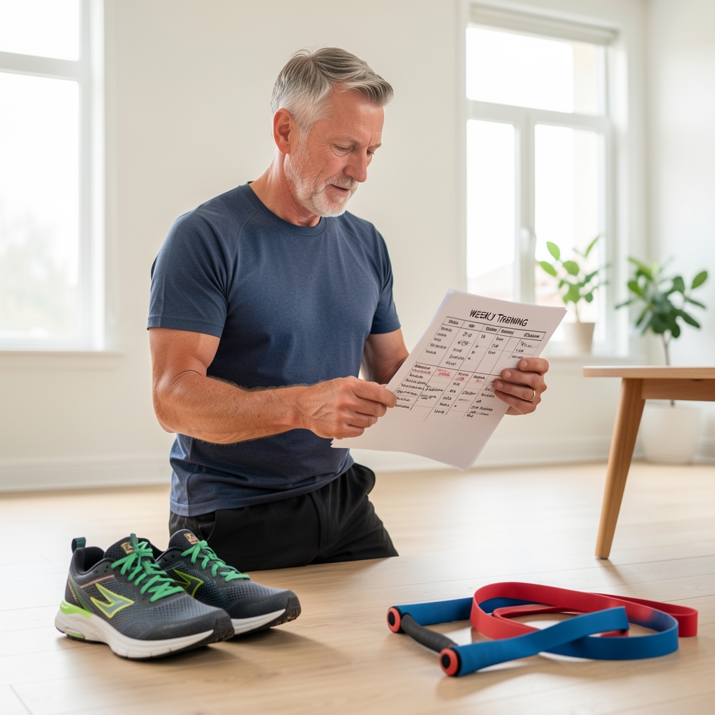 Mature male athlete reviewing a weekly training plan beside running shoes and a resistance band in a bright home studio
